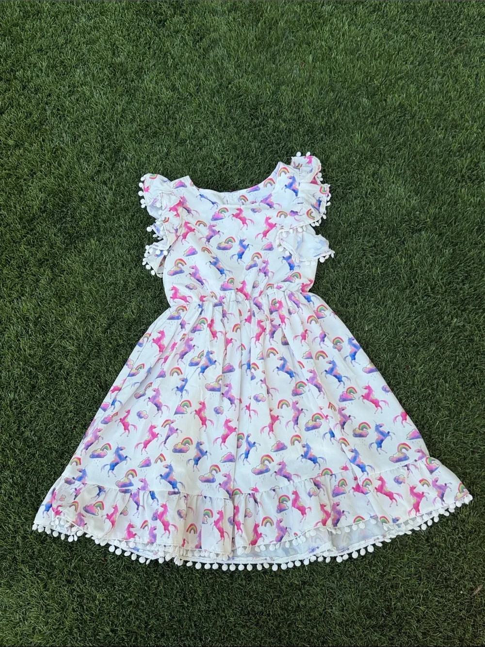 Lola + The Boys White Unicorn & Rainbow Print Dress